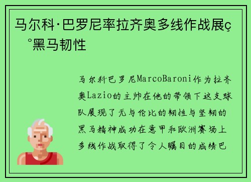马尔科·巴罗尼率拉齐奥多线作战展现黑马韧性 马尔科·巴罗尼率拉齐奥多线作战展现黑马韧性